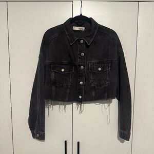 Topshop Black Cropped Distressed Denim Jacket | Size 8